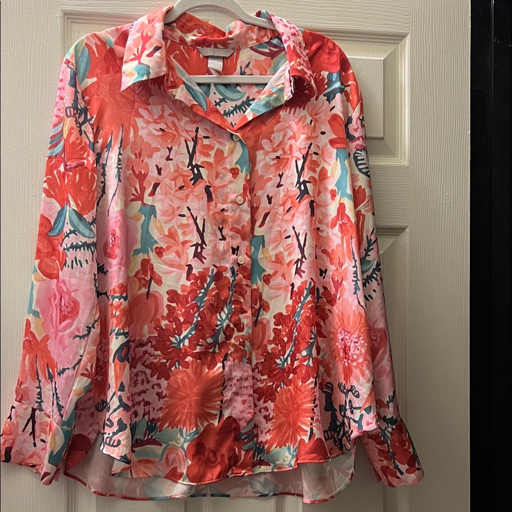 H&M Vibrant Floral Button-Down Shirt - Red and Pink